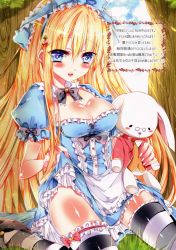 Rule 34 | 1girl, absurdres, alice (alice in wonderland), alice in wonderland, bariko, black thighhighs, blonde hair, blue eyes, blush, bow, breasts, cleavage, clothes lift, dress, dress lift, glasses, hair bow, highres, large breasts, long hair, pince-nez, rabbit, sitting, striped clothes, striped thighhighs, thighhighs, wariza