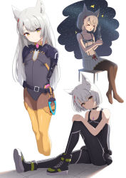 Rule 34 | &gt; &lt;, 1girl, ^^^, animal ear fluff, animal ears, black footwear, black pants, black tank top, brown pantyhose, camisole, closed eyes, closed mouth, commentary request, cup, grey hair, grey leotard, hair between eyes, heijialan, highres, holding, holding cup, knee up, leotard, long hair, mio (xenoblade), multiple views, no shoes, pants, pantyhose, parted lips, pleated skirt, shoes, simple background, skirt, sky, smile, spoilers, star (sky), starry sky, steam, tank top, thighhighs, thighhighs over pantyhose, very long hair, white background, white camisole, white skirt, xenoblade chronicles (series), xenoblade chronicles 3, yellow eyes, yellow thighhighs