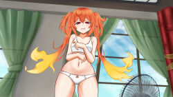 Rule 34 | 1girl, bare shoulders, belly, bow, bra, breasts, commission, curtains, electric fan, enya ignis, fang, highres, idol corp, indoors, knee up, knees up, long hair, looking at viewer, multicolored hair, navel, open mouth, orange hair, panties, pointy ears, red eyes, ribbon, skin fang, small breasts, solo, thighs, twintails, underwear, underwear only, virtual youtuber, white bra, white panties, window