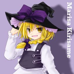 Rule 34 | 1girl, blonde hair, bow, braid, dot nose, female focus, hair bow, hand on headwear, hat, kirisame marisa, long hair, open mouth, simple background, solo, touhou, tsubasa (abchipika), witch, witch hat, yellow eyes