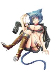 Rule 34 | 1girl, animal ears, black jacket, blue hair, boots, breasts, brown eyes, brown footwear, cat ears, cat tail, celesto medus, claws, eyepatch, full body, jacket, unworn jacket, jewelry, unworn jewelry, knees up, knife, large breasts, looking at viewer, necklace, unworn necklace, official art, renkai frontier, short hair, sitting, solo, tail, thigh strap, tomoya asano, transparent background