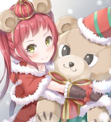 Rule 34 | 1girl, animal ears, ayane (christmas) (princess connect!), ayane (princess connect!), bear ears, blush, bow, brown gloves, brown hairband, capelet, christmas, closed mouth, commentary request, crown, dress, fake animal ears, fur-trimmed capelet, fur-trimmed dress, fur trim, gloves, green eyes, hairband, hugging object, keiran (ryo170), looking at viewer, mini crown, princess connect!, red bow, red capelet, red dress, red hair, santa costume, sidelocks, smile, solo, stuffed animal, stuffed toy, teddy bear, twintails