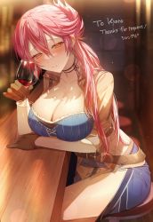 Rule 34 | 1girl, :/, alcohol, bar (place), belt, blurry, blurry background, blush, breasts, brown belt, brown gloves, buckle, cleavage, closed mouth, commission, counter, cup, dress, drinking glass, eiyuu densetsu, elbow rest, english text, glint, gloves, hair between eyes, half-closed eyes, highres, indoors, large breasts, long hair, pink hair, red wine, sara valestein, sen no kiseki, sidelocks, sitting, skeb commission, solo, syandega, thighs, wine, wine glass, yellow eyes