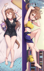 Rule 34 | 1girl, :d, animal ears, armpits, arms behind head, arms up, bare arms, bare legs, barefoot, black dress, blush, body pillow, bottle, bracelet, breasts, brown eyes, brown hair, character doll, closed eyes, closed mouth, collar, dakimakura (medium), dog ears, dog girl, dog tail, dress, feet, full body, hair between eyes, highres, hololive, inugami korone, inugami korone (loungewear), jewelry, large breasts, long hair, lying, nekomata okayu, on back, on bed, open mouth, pillow, ponytail, print dress, purple shorts, red collar, short dress, short shorts, short sleeves, shorts, smile, sports bra, tail, toes, uneg, virtual youtuber, yellow sports bra