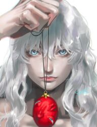 Rule 34 | 1boy, androgynous, behelit, berserk, blue eyes, close-up, griffith (berserk), holding, holding jewelry, holding necklace, jewelry, long hair, looking at viewer, necklace, se (hanahide), signature, solo, wavy hair, white background, white hair