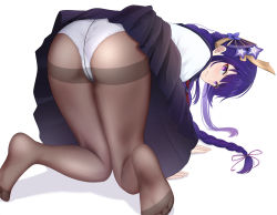 Rule 34 | 1girl, all fours, ass, ass focus, braid, bright pupils, chinese commentary, commentary, flower, from behind, genshin impact, hair flower, hair ornament, hair ribbon, highres, knees together feet apart, long hair, looking at viewer, looking back, low-braided long hair, low-tied long hair, mole, mole under eye, neckerchief, no shoes, panties, panties under pantyhose, pantyhose, pleated skirt, purple eyes, purple hair, purple skirt, raiden shogun, red neckerchief, ribbon, run sho, sailor collar, shirt, simple background, skirt, soles, solo, underwear, uniform, very long hair, white background, white panties, white shirt