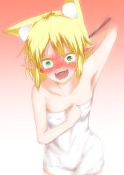 Rule 34 | 1girl, animal ears, armpits, blonde hair, blush, cat ears, cat girl, extra ears, female focus, full-face blush, green eyes, highres, kemonomimi mode, mizuhashi parsee, open mouth, pointy ears, short hair, solo, takorice, touhou, towel