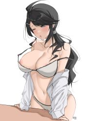 Rule 34 | 1girl, ;o, absurdres, arm support, artist name, black hair, blush, bra, breasts, byeon dha, clothed masturbation, collarbone, crotch rub, dress shirt, eyes visible through hair, female masturbation, grey eyes, hair ornament, hair tie, hairclip, highres, ibu wulan, large breasts, long hair, long sleeves, low ponytail, masturbation, masturbation through clothes, mature female, mole, mole under mouth, navel, nipple slip, nipples, off shoulder, one eye closed, open clothes, open shirt, original, panties, pussy juice, shirt, simple background, solo, stomach, swept bangs, table, table humping, underwear, white background, white bra, white panties, white shirt