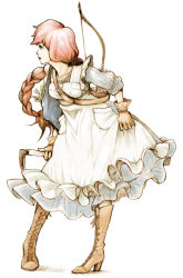 Rule 34 | 1girl, anarock, anarock 1-gou, apron, arrow (projectile), boots, bow (weapon), braid, cross-laced footwear, dress, gloves, high heels, highres, lace-up boots, leaning forward, long hair, pink hair, quiver, shoes, sickle, single braid, solo, weapon