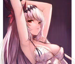 Rule 34 | 1girl, armpits, arms up, babydoll, bad id, bad pixiv id, bare arms, bare shoulders, breasts, cleavage, commentary request, covered erect nipples, dark jeanne, frills, granblue fantasy, hair ornament, highres, jeanne d&#039;arc (granblue fantasy), koretsuki azuma, long hair, looking at viewer, medium breasts, parted lips, red eyes, revision, solo, upper body, white babydoll, white hair