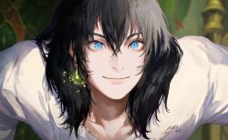 Rule 34 | 1boy, black hair, blue eyes, collarbone, commentary, crossed bangs, dated, earrings, english commentary, gem, green gemstone, hair between eyes, howl (howl no ugoku shiro), howl no ugoku shiro, jewelry, leaning forward, long sleeves, looking at viewer, male focus, medium hair, necklace, necklace under clothes, shirt, sidelocks, signature, smile, solo, srro yo, toned, toned male, white shirt