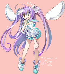 Rule 34 | 1girl, ;d, blue skirt, brown eyes, ein (artist), ein (long cake), happy, long hair, one eye closed, open mouth, pink background, pleated skirt, purple hair, shoes, skirt, smile, solo, twintails, two side up, wings, wink