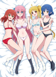 4girls :d absurdres bed_sheet black_bra black_panties black_socks blonde_hair blue_eyes blue_hair blunt_bangs blush bocchi_the_rock! bra breasts brown_eyes cleavage collarbone commission crossed_bangs cube_hair_ornament eggman_(pixiv28975023) embarrassed expressionless gotoh_hitori hair_between_eyes hair_ornament hairclip highres holding_hands ijichi_nijika kita_ikuyo large_breasts long_hair looking_at_viewer lying matching_underwear medium_breasts multiple_girls navel on_back open_mouth panties pink_hair red_bra red_hair red_panties short_hair sidelocks skeb_commission small_breasts smile socks striped_bra striped_clothes striped_panties underwear wavy_mouth white_bra white_panties white_socks yamada_ryo yellow_eyes