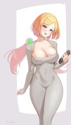 Rule 34 | 1girl, absurdres, aki rosenthal, bag, blonde hair, blush, bob cut, breasts, cleavage, covered navel, curvy, detached hair, dongtan dress, dress, grey dress, grey sleeves, handbag, harry (dudwofla), head tilt, highres, hololive, korean commentary, large breasts, long dress, looking at viewer, low twintails, meme attire, open mouth, parted bangs, purple eyes, short hair, shrug (clothing), skindentation, sleeves past wrists, smile, solo, twintails, virtual youtuber, white background
