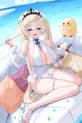 1girl absurdly_long_hair absurdres armpit_crease azur_lane bare_shoulders black_tiara blonde_hair blue_eyes blue_ribbon blush breasts center_opening cream_on_breasts crossed_bangs day detached_sleeves dress dutch_angle flower food fruit hat highres holding holding_spoon huge_breasts large_breasts long_hair looking_at_viewer manjuu_(azur_lane) microdress ocean official_alternate_costume open_mouth outdoors painleve_(azur_lane) painleve_(fresh_and_fortunate)_(azur_lane) parfait ribbon see-through skindentation solo spoon strawberry strawberry_parfait suggestive_fluid summer tiara toeless_footwear twintails very_long_hair wafer_stick water whipped_cream white_beret white_dress white_flower white_footwear white_hat white_sleeves zerotwenty_(020)