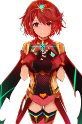 Rule 34 | 1girl, absurdres, black gloves, blush, bob cut, breasts, fingerless gloves, gloves, highres, large breasts, leotard, looking at viewer, nintendo, pyra (xenoblade), red eyes, red hair, short hair, smile, solo, tarbo (exxxpiation), xenoblade chronicles (series), xenoblade chronicles 2