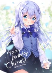 Rule 34 | 1girl, :d, amedamacon, black skirt, blue bow, blue eyes, blue hair, blue vest, blurry, blurry background, blush, bow, collared shirt, commentary request, depth of field, gochuumon wa usagi desu ka?, hair between eyes, hair ornament, hand up, happy birthday, highres, kafuu chino, long sleeves, looking at viewer, open mouth, petals, puffy long sleeves, puffy sleeves, rabbit house uniform, shirt, skirt, sleeves past wrists, smile, solo, twitter username, uniform, vest, waitress, white shirt, x hair ornament