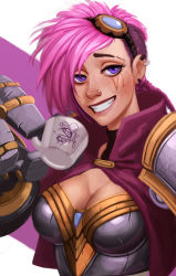 Rule 34 | 1girl, armor, breastplate, breasts, caitlyn (league of legends), capelet, character name, chibi, chibi inset, cleavage, ear piercing, eyebrows, eyelashes, facial tattoo, goggles, goggles on head, grin, league of legends, lips, mechanical arms, nose, nose piercing, oversized forearms, oversized limbs, pauldrons, piercing, pink hair, punk, purple eyes, raichiyo33, short hair, shoulder armor, smile, solo, tattoo, upper body, vi (league of legends)