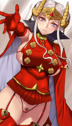 Rule 34 | &gt;:(, 1girl, alternate breast size, areola slip, arm behind back, armpits, bikini, bikini under clothes, blush, breasts, cape, cleft of venus, closed mouth, double bun, dress, dutch angle, edelgard von hresvelg, elbow gloves, fake horns, female pubic hair, fire emblem, fire emblem: three houses, garter straps, gloves, groin, hair bun, headpiece, highres, horns, large breasts, micro bikini, nintendo, nt00, outstretched arm, pubic hair, purple eyes, pussy, pussy peek, red bikini, red cape, red dress, red gloves, red thighhighs, short dress, short hair with long locks, sideboob, sidelocks, silver hair, skindentation, solo, sweat, swimsuit, thighhighs, uncensored, v-shaped eyebrows