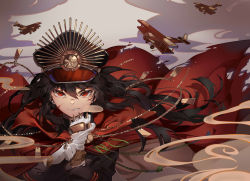Rule 34 | absurdres, aircraft, airplane, bangle, biplane, black hat, bleeding, blood, blood on face, bracelet, breath, cable, cape, cloud, cuts, earrings, family crest, fate/grand order, fate (series), floating, floating hair, glint, gloves, grin, hair between eyes, hat, high collar, highres, injury, jewelry, koha-ace, lace, long hair, long sleeves, looking at viewer, military, military hat, military uniform, oda nobunaga (fate), oda nobunaga (koha-ace), peaked cap, putting on gloves, red cape, red eyes, slit pupils, smile, smirk, smoke, spiked knuckles, stud earrings, tassel, teeth, torn cape, torn clothes, uniform, upper body, very long hair, weapon, white gloves, woc (2072878058)