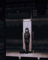 Rule 34 | 1girl, absurdres, bag, black eyes, black footwear, black pantyhose, black skirt, black sweater, book, closed mouth, commentary, english commentary, expressionless, full body, guweiz, highres, holding, holding book, loafers, long sleeves, looking at viewer, medium hair, miniskirt, night, open book, original, outdoors, pantyhose, railroad tracks, shoes, skirt, solo, standing, sweater, train station