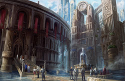 Rule 34 | banner, building, city, cityscape, clock, clock tower, cloud, fantasy, fountain, multiple boys, multiple girls, noba, original, plant, polearm, scenery, sky, skyscraper, staff, stairs, standing, statue, tapestry, tower, water, weapon