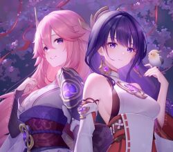 Rule 34 | 2girls, animal ears, blush, breasts, bridal gauntlets, cleavage, cosplay, fox ears, genshin impact, grin, hair ornament, japanese clothes, kimono, large breasts, lightria, long hair, long sleeves, looking at viewer, multiple girls, non-web source, obi, off shoulder, out of frame, pink hair, purple eyes, purple kimono, raiden shogun, raiden shogun (cosplay), sash, shrug (clothing), sidelocks, smile, solo focus, very long hair, wide sleeves, yae miko