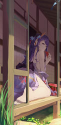 Rule 34 | 1girl, barefoot, closed mouth, day, expressionless, flower, food, from behind, fruit, genshin impact, hair flower, hair ornament, hand up, highres, holding, holding food, japanese clothes, kimono, long hair, looking at viewer, looking back, mole, mole under eye, nev (nevblindarts), off shoulder, purple eyes, purple hair, purple kimono, raiden shogun, shouji, sitting, sliding doors, soles, solo, sweat, watermelon, watermelon slice