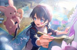 Rule 34 | 2girls, blue eyes, blue hair, blue jacket, blue pants, box, cardboard box, chair, cherry blossoms, dark blue hair, flower, footprints, game cg, grey ribbon, hair ribbon, highres, hinoshita kaho, holding, holding paintbrush, holding stuffed toy, jacket, ladder, link! like! love live!, long hair, love live!, low twintails, lower teeth only, multicolored clothes, multicolored jacket, multicolored pants, multiple girls, murano sayaka, newspaper, official art, open can, open clothes, open jacket, open mouth, oversized object, paint can, paint roller, paint splatter, paint splatter on face, paintbrush, painting (action), pants, pink flower, plank, ribbon, rolled up paper, solo focus, stuffed animal, stuffed rabbit, stuffed toy, tape, teeth, third-party source, track pants, track suit, trim brush, twintails, virtual youtuber, walking, white jacket, white pants, worried