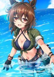 Rule 34 | 1girl, agnes tachyon (lunatic lab) (umamusume), agnes tachyon (umamusume), ahoge, animal ears, bikini, black bikini, black gloves, blue shorts, blue sky, breasts, brown eyes, brown hair, commentary request, cowboy shot, criss-cross halter, ear ornament, from below, gloves, green jacket, grin, groin, hair between eyes, halterneck, hand on own hip, highres, horse ears, horse girl, horse tail, huge ahoge, jacket, micro shorts, midriff, musan (mu34mi), navel, official alternate costume, official alternate hairstyle, open mouth, outdoors, partially submerged, pointing, shaded face, short ponytail, shorts, single glove, sketch, sky, smile, solo, strap pull, swimsuit, tail, tied jacket, torn clothes, torn shorts, umamusume