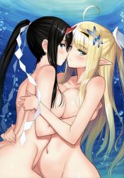 Rule 34 | 2girls, absurdres, ahoge, azur lane, bare arms, bare shoulders, black hair, blonde hair, blue eyes, blush, breast press, breasts, centaur (azur lane), collarbone, completely nude, green eyes, hair ornament, highres, horns, hug, imminent kiss, long hair, looking at viewer, multiple girls, nude, official art, parted lips, pointy ears, ponytail, ryuuhou (azur lane), scan, shiny skin, simple background, stomach, symmetrical docking, tony taka, topless, yuri