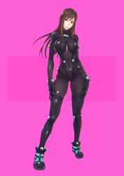 Rule 34 | 1girl, arms at sides, black bodysuit, bodysuit, breasts, brown eyes, brown hair, covered navel, curvy, full body, gantz, gantz suit, highres, large breasts, long hair, looking at viewer, parted lips, pink background, shimohira reika, skin tight, smile, solo, spandex, standing, swept bangs, yuuji (and)