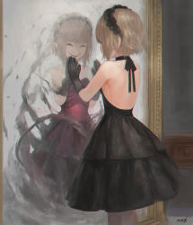 Rule 34 | 1girl, backless dress, backless outfit, black dress, black gloves, brown hair, closed eyes, cowboy shot, dress, gloves, gothic lolita, headdress, highres, indoors, lolita fashion, mirror, mizore akihiro, original, red dress, reflection, short hair, signature, sleeveless, sleeveless dress, smile, solo, standing, striped clothes, striped dress