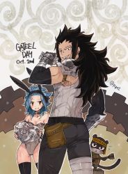 Rule 34 | 1boy, 1girl, animal ears, ass, black hair, blue hair, breasts, cat, collarbone, couple, fairy tail, fake animal ears, gajeel redfox, gloves, highres, levy mcgarden, long hair, looking at viewer, looking back, pantherlily, pants, playboy bunny, rabbit ears, rusky, thighhighs