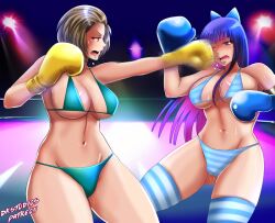 Rule 34 | 2girls, areola slip, artist name, bare shoulders, bikini, blue bikini, blue bow, blue eyes, blue gloves, blue hair, blue thighhighs, blush, bow, bow-shaped hair, boxing, boxing gloves, boxing ring, breasts, brown eyes, brown hair, cameltoe, cleavage, dkstudios05, eyeliner, fighting, fighting stance, fire emblem, fire emblem: three houses, gloves, green bikini, hair ornament, intelligent systems, large breasts, lips, makeup, manuela casagranda, multiple girls, navel, nintendo, panty &amp; stocking with garterbelt, patreon, pink hair, pink lips, pixiv, shiny clothes, shiny skin, short hair, sideboob, stocking (psg), striped bikini, striped clothes, striped thighhighs, sweat, swimsuit, teeth, thick thighs, thighhighs, thighs, tongue, underboob, violence, wide hips, yellow gloves