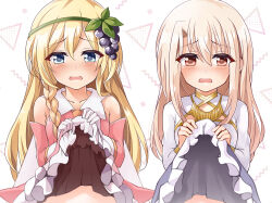 Rule 34 | 2girls, ascot, bare shoulders, blonde hair, blue eyes, blush, braid, breasts, cape, clothes lift, collarbone, cosplay, costume switch, dress, dress lift, elbow gloves, fate/kaleid liner prisma illya, fate (series), food-themed hair ornament, gloves, gold trim, grape hair ornament, green hairband, grey skirt, hair ornament, hairband, illyasviel von einzbern, iris (konosuba), iris (konosuba) (cosplay), jewelry, kono subarashii sekai ni shukufuku wo!, layered gloves, long hair, long sleeves, looking at viewer, mochi (k620803n), multiple girls, navel, necklace, open mouth, out-of-frame censoring, pink dress, pink gloves, prisma illya, prisma illya (cosplay), red eyes, side braid, sidelocks, single braid, skirt, small breasts, white cape, white dress, white gloves, white hair, white skirt