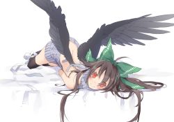 Rule 34 | 1girl, backless dress, backless outfit, bare back, black hair, black thighhighs, black wings, blush, bow, dress, full body, green bow, hair bow, halterneck, long hair, looking at viewer, lying, meme attire, red eyes, reiuji utsuho, simple background, smile, solo, sweater, sweater dress, thighhighs, touhou, toutenkou, virgin killer sweater, white background, white sweater, wings