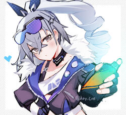 Rule 34 | 1girl, black gloves, black jacket, closed mouth, collarbone, commentary request, cropped jacket, diagonal stripes, fingerless gloves, gloves, goggles, goggles on head, grey eyes, grey hair, hair ornament, hair ribbon, hairclip, head tilt, heart, hey cre, holding, honkai: star rail, honkai (series), jacket, long hair, long sleeves, looking at viewer, ponytail, ribbon, ringlets, silver wolf (honkai: star rail), solo, spray can, striped, striped background, twitter username, white background