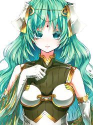 Rule 34 | 1girl, armor, artist name, breastplate, colored eyelashes, covered collarbone, fire emblem, fire emblem echoes: shadows of valentia, gloves, gold trim, green eyes, green hair, hair ornament, head chain, highres, jewelry, long hair, nintendo, simple background, solo, tatiana (fire emblem), white background