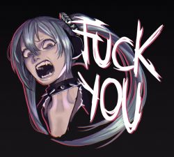Rule 34 | 1girl, aqua hair, black background, black jacket, collar, commentary, cropped shoulders, english commentary, english text, fangs, grey eyes, hagane miku, hair between eyes, hair ornament, hatsune miku, headphones, highres, jacket, leather, leather jacket, long hair, looking at viewer, open mouth, parody, profanity, simple background, snickerdooble, solo, spiked collar, spikes, style parody, twintails, vocaloid