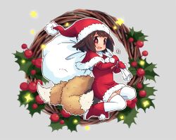 Rule 34 | 1girl, :d, animal ears, boots, brown background, brown hair, christmas, christmas lights, christmas wreath, dress, elbow gloves, fox ears, fox girl, fox tail, full body, gloves, hat, holding, holding sack, kukuri (mawaru), mawaru (mawaru), multiple tails, open mouth, original, red dress, red eyes, red footwear, red gloves, sack, santa costume, santa hat, simple background, smile, solo, tail, thighhighs, white thighhighs, wreath