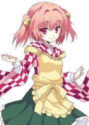 Rule 34 | 1girl, apron, bell, blush, clothes writing, hair bell, hair ornament, japanese clothes, jingle bell, looking at viewer, motoori kosuzu, rasahan, red eyes, red hair, short hair, simple background, smile, solo, touhou, twintails, two side up, white background, wide sleeves