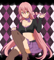 Rule 34 | 1girl, akuma no riddle, argyle, argyle background, argyle clothes, belt, black belt, boots, bra, breasts, brown footwear, cleavage, closed mouth, collarbone, crop top, drill hair, groin, hair between eyes, hand on own knee, high heel boots, high heels, inukai isuke, koroni (nkrgs), long hair, long sleeves, looking at viewer, medium breasts, midriff, miniskirt, nail polish, neck warmer, pink hair, plaid, plaid skirt, pleated skirt, purple bra, purple nails, purple neckwear, purple skirt, skirt, sleeves past wrists, smile, solo, stomach, thigh boots, thighhighs, twin drills, underwear, very long hair, yellow eyes, zettai ryouiki