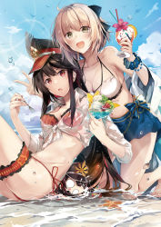 Rule 34 | &gt;:d, 2girls, ahoge, alternate costume, armband, artist name, beach, bikini, bikini top only, black bow, black hair, blonde hair, blush, bow, bracelet, breasts, chibi, cocktail, cocktail glass, commentary request, contemporary, cup, day, drinking glass, fate/grand order, fate (series), food, hair bow, hat, hirai yuzuki, ice cream, jewelry, koha-ace, light blush, long hair, looking at viewer, medium breasts, multiple girls, navel, oda nobunaga (fate), oda nobunaga (koha-ace), oda nobunaga (swimsuit berserker) (fate), oda nobunaga (swimsuit berserker) (third ascension) (fate), okita souji (fate), okita souji (koha-ace), open mouth, peaked cap, pleated skirt, red bikini, red eyes, short hair, skirt, sky, spoon, starfish, string bikini, swimsuit, v-shaped eyebrows, very long hair, water, yellow eyes