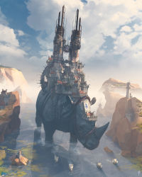 Rule 34 | absurdres, animal, animal focus, banner, bird, castle, chimney, cliff, cloud, cloudy sky, day, fleur-de-lis, gregory fromenteau, harness, highres, no humans, original, outdoors, oversized animal, rhinoceros, sailing ship, scenery, ship, sky, tower, towing, tree, watercraft