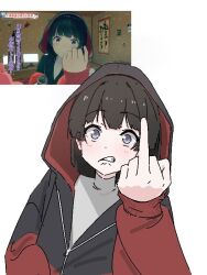 Rule 34 | 1girl, black hair, blush, clenched teeth, grey eyes, grey shirt, gujin (tp acid), hand up, hood, hood up, hooded jacket, jacket, jaggy lines, long hair, long sleeves, looking at viewer, middle finger, multicolored clothes, multicolored jacket, nijisanji, partially unzipped, photo-referenced, reference inset, scowl, screenshot inset, shirt, simple background, solo, teeth, tsukino mito, tsukino mito (19th costume), turtleneck, turtleneck shirt, two-tone jacket, upper body, virtual youtuber, white background, wide-eyed