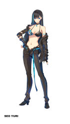 Rule 34 | 1girl, absurdres, artist request, asymmetrical clothes, bandaged arm, bandages, bare shoulders, belt, bikini, bikini top only, black bikini, black gloves, black hair, blue eyes, blunt bangs, breasts, character name, choker, closers, collarbone, cropped, fingerless gloves, full body, gloves, hand on own hip, high heels, highres, jacket, jewelry, large breasts, light smile, midriff, multicolored hair, nail polish, navel, off shoulder, open belt, open fly, pendant, simple background, solo, standing, streaked hair, swimsuit, tattoo, unbuckled, unbuttoned, unzipped, white background, yuri seo, zipper