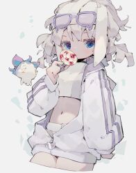 Rule 34 | 1girl, arm at side, belt, blue eyes, blue pupils, breasts, bright pupils, candy, cat zipper, commentary request, creature, crop top, cropped legs, eyewear on head, food, glasses, grey hair, hand up, highres, holding, holding candy, holding food, holding lollipop, hood, hood down, hoodie, jitome, light blush, lollipop, long sleeves, looking at viewer, medium breasts, medium hair, midriff, navel, nep (nep 76), original, partially unzipped, purple-framed eyewear, short shorts, shorts, solo, swirl lollipop, teardrop-framed glasses, white background, white belt, white hoodie, white shorts, zipper pull tab