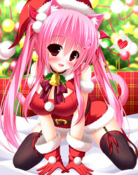 Rule 34 | 1girl, :d, all fours, animal ears, bad id, bad pixiv id, bell, black thighhighs, blush, bobblehat, breasts, cat ears, cat tail, christmas, christmas tree, cleavage, cleavage cutout, clothing cutout, collar, fang, fur trim, garter straps, gloves, hair ornament, halterneck, hat, head tilt, heart, highres, kneeling, musical note, neck bell, open mouth, original, pink eyes, pink hair, pom pom (clothes), red gloves, santa costume, santa gloves, santa hat, shocchan (sanymph), smile, solo, spoken heart, tail, thighhighs, twintails, zettai ryouiki
