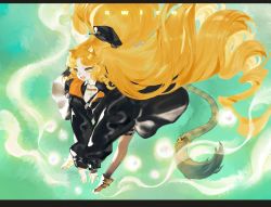 Rule 34 | 1girl, animal ears, arknights, big hair, black headwear, black jacket, blonde hair, boots, character name, female focus, highres, jacket, long hair, long sleeves, open mouth, solo, swire (arknights), tail, tail ornament, tail ring, tiger ears, tiger girl, tiger tail, very long hair, weirui233